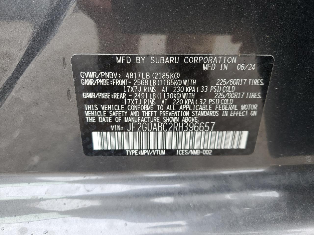 2024 SUBARU CROSSTREK VIN:JF2GUABC2RH396657