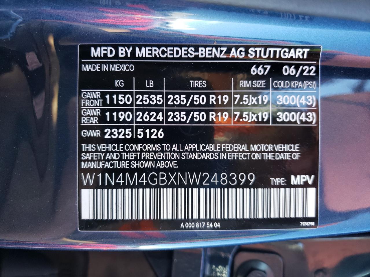2022 MERCEDES-BENZ GLB 250 VIN:W1N4M4GBXNW248399