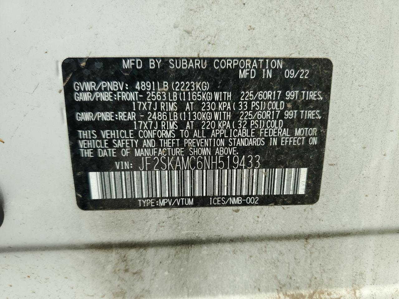 2022 SUBARU FORESTER WILDERNESS VIN:JF2SKAMC6NH519433