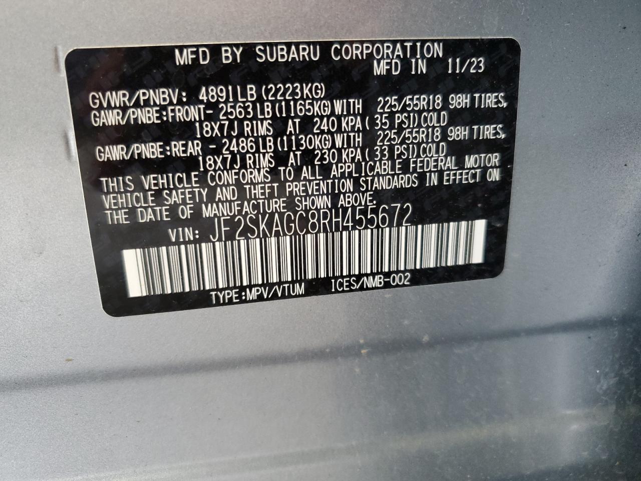 2024 SUBARU FORESTER SPORT VIN:JF2SKAGC8RH455672