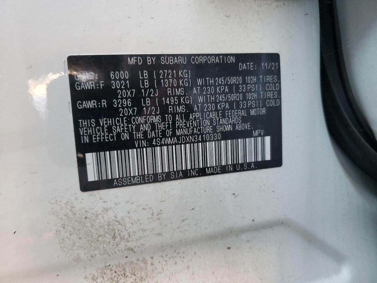 2022 SUBARU ASCENT ONYX EDITION VIN:4S4WMAJDXN3410330