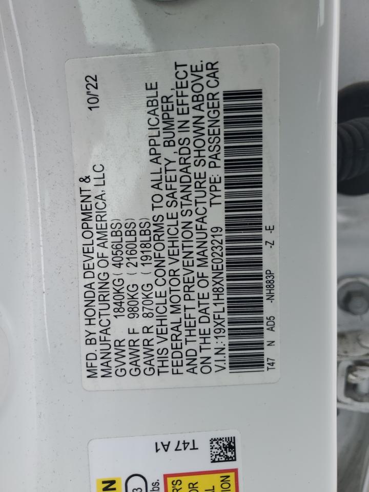 2022 HONDA CIVIC SPORT TOURING VIN:19XFL1H8XNE023219