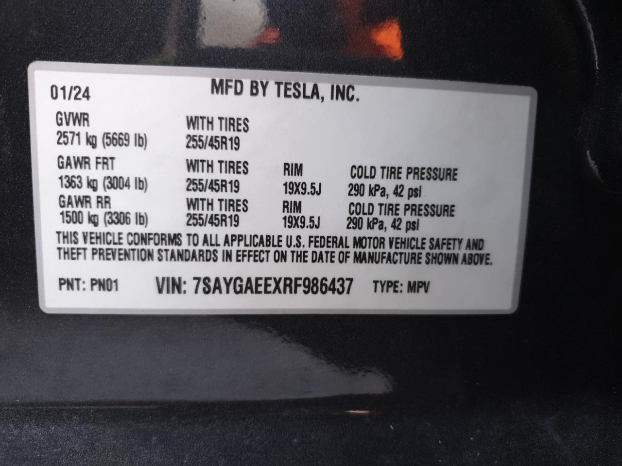 2024 TESLA MODEL Y VIN:7SAYGAEEXRF986437