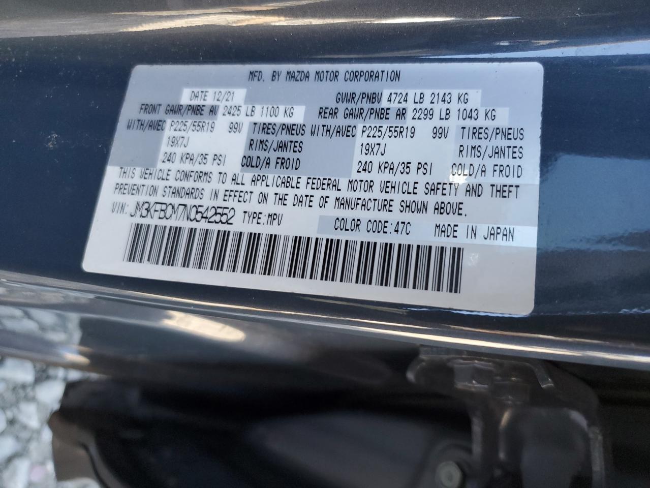 2022 MAZDA CX-5 PREFERRED VIN:JM3KFBCM7N0542552