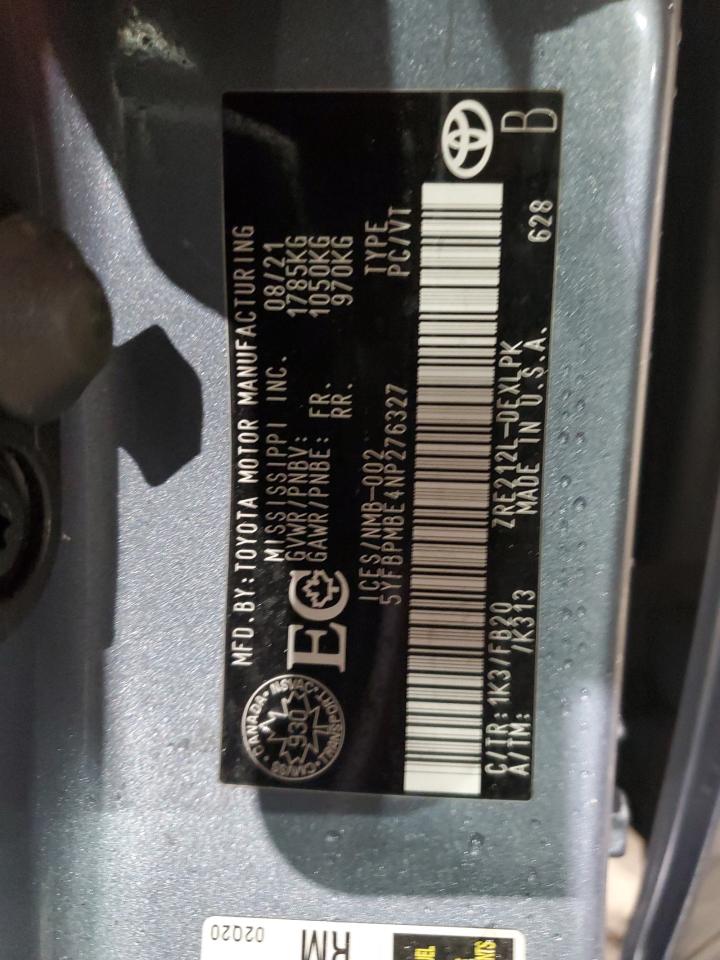 2022 TOYOTA COROLLA LE VIN:5YFBPMBE4NP276327