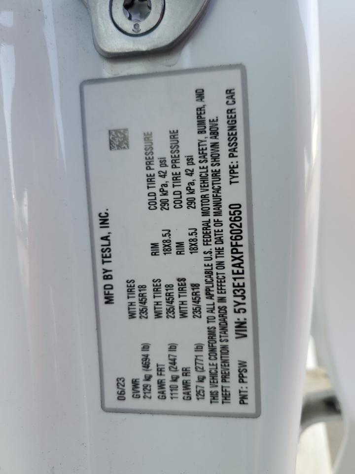 2023 TESLA MODEL 3 VIN:5YJ3E1EAXPF602650