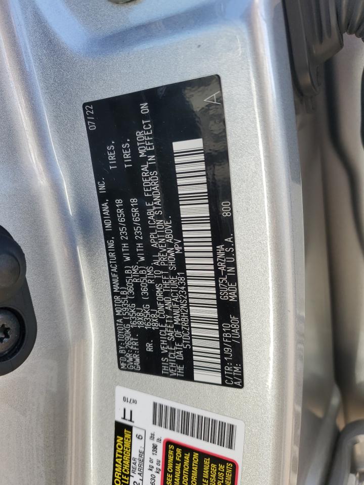 2022 TOYOTA HIGHLANDER L VIN:5TDCZRBH2NS234381