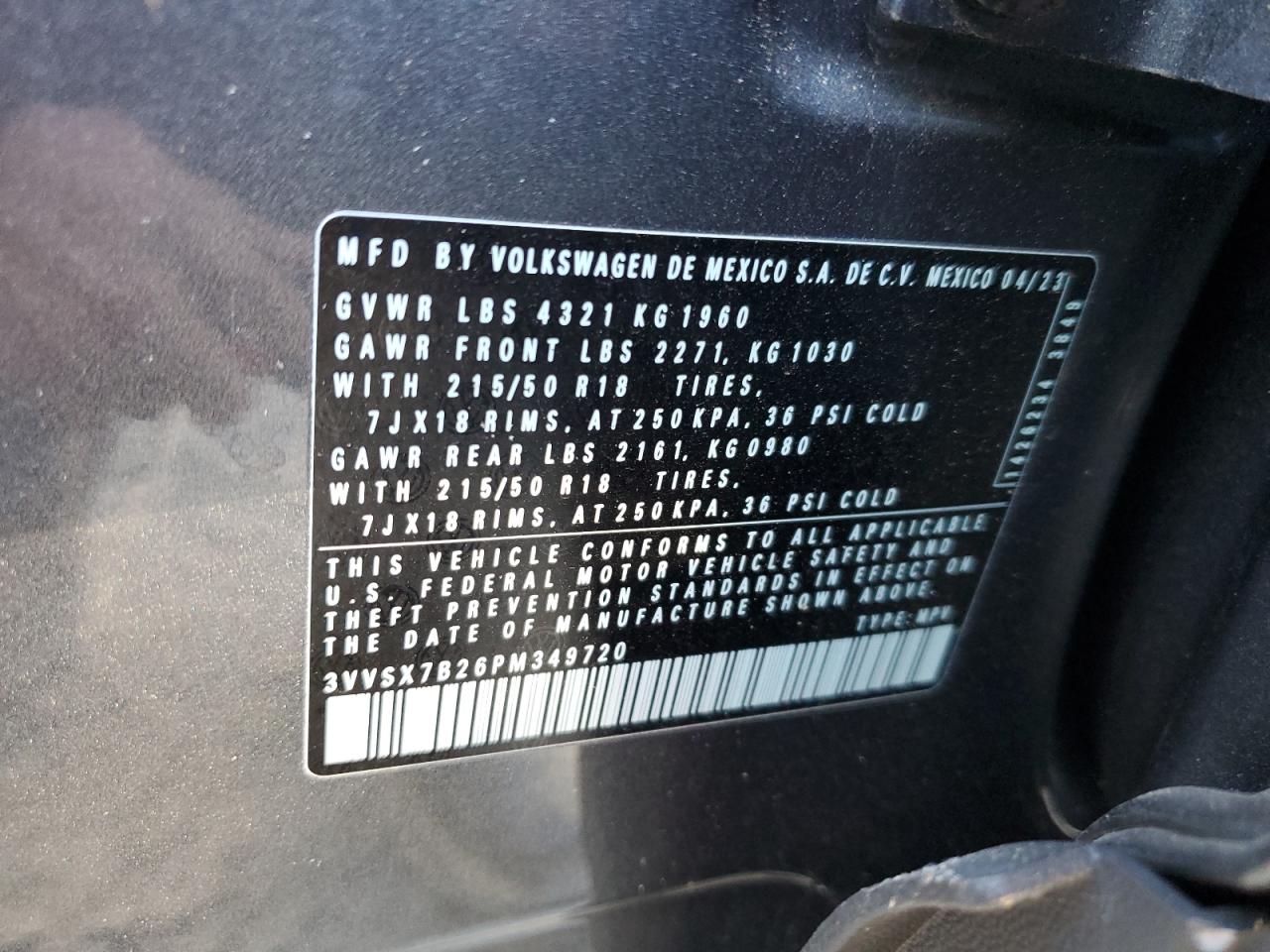 2023 VOLKSWAGEN TAOS SE VIN:3VVSX7B26PM349720