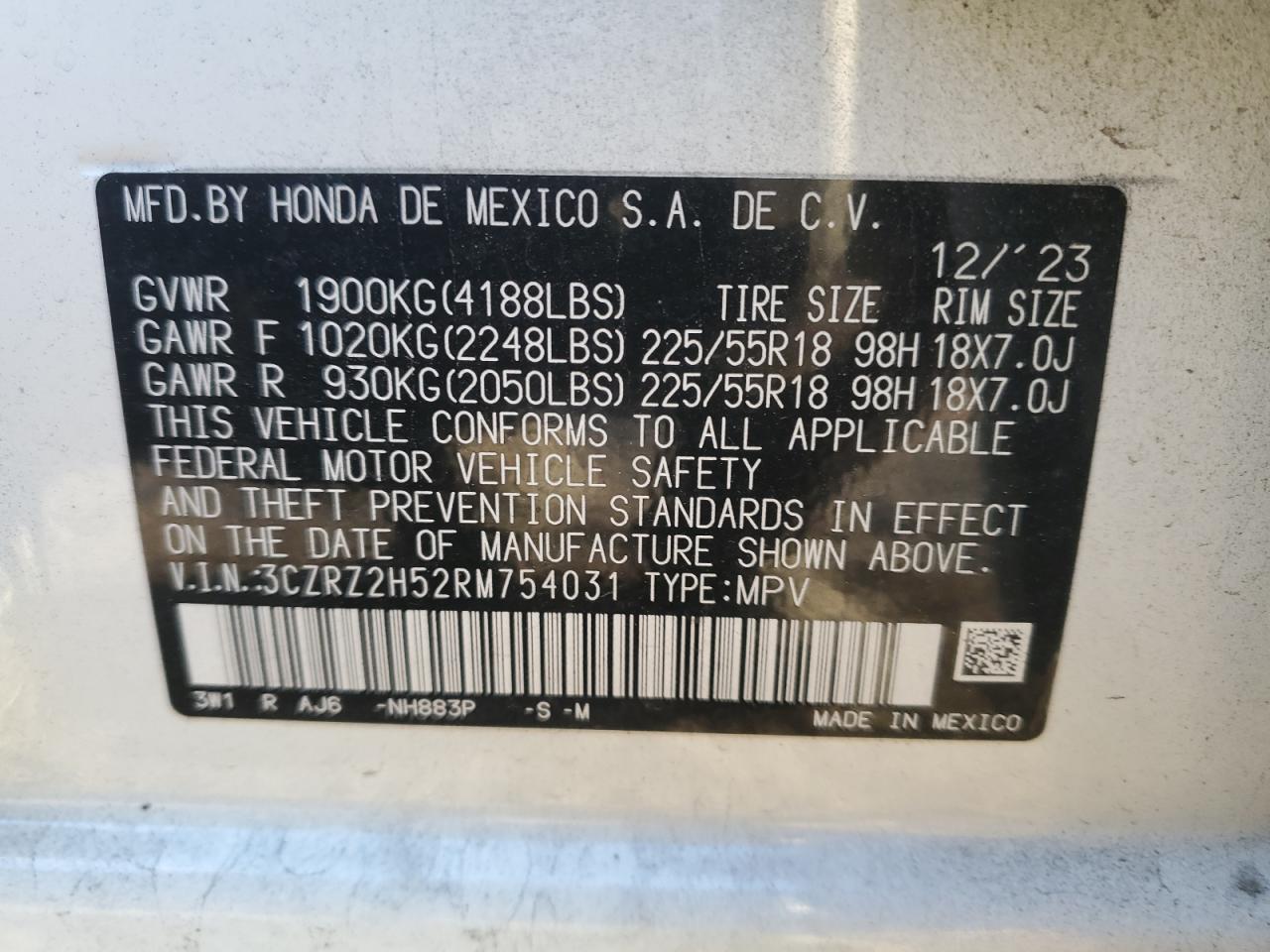 2024 HONDA HR-V SPORT VIN:3CZRZ2H52RM754031