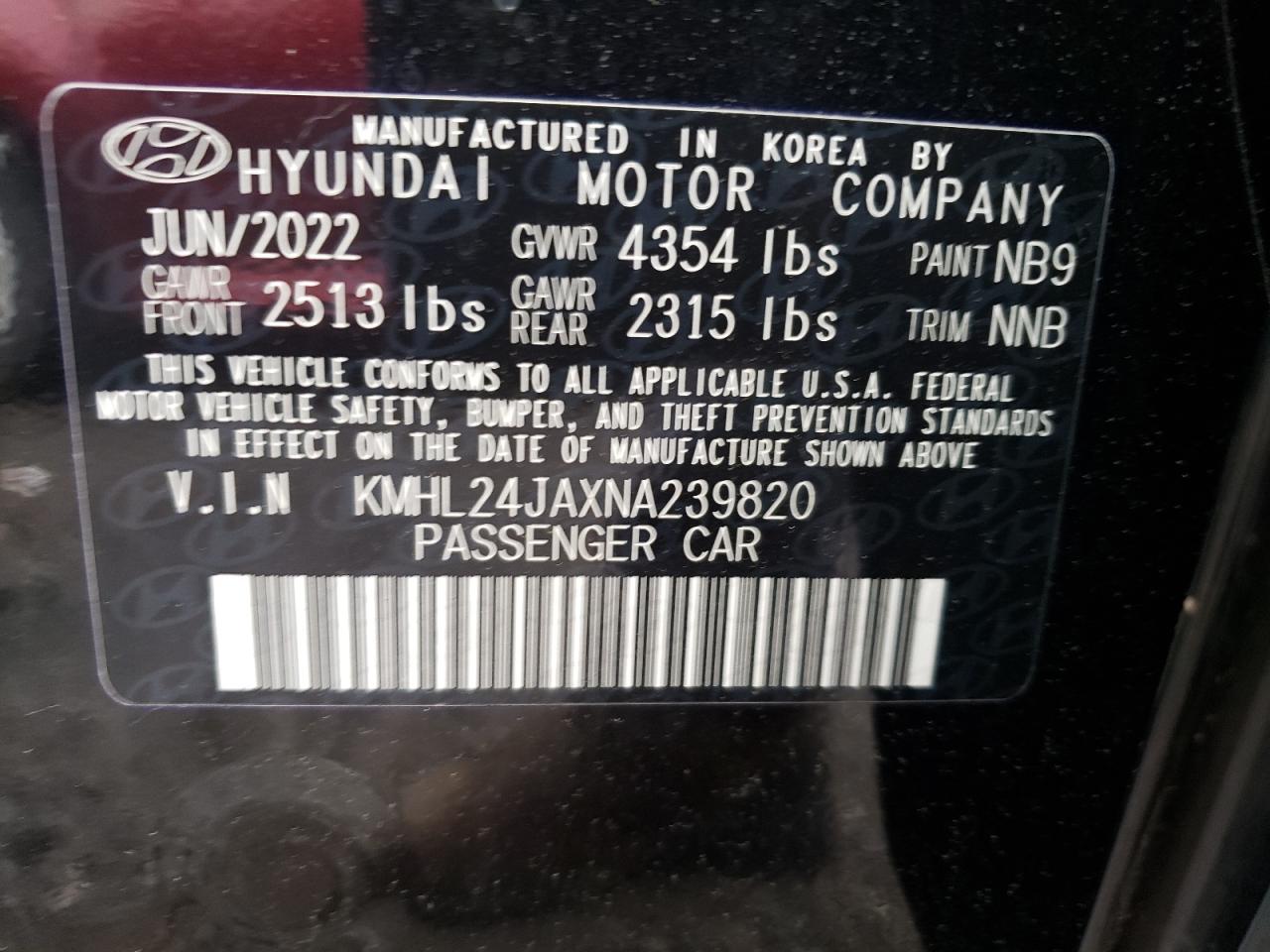 2022 HYUNDAI SONATA SE VIN:KMHL24JAXNA239820