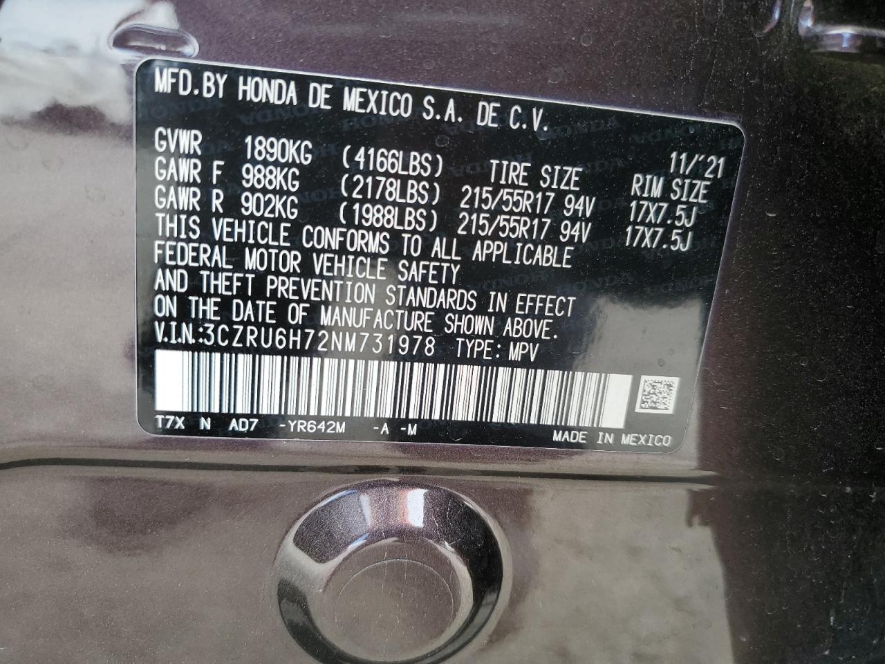 2022 HONDA HR-V EXL VIN:3CZRU6H72NM731978