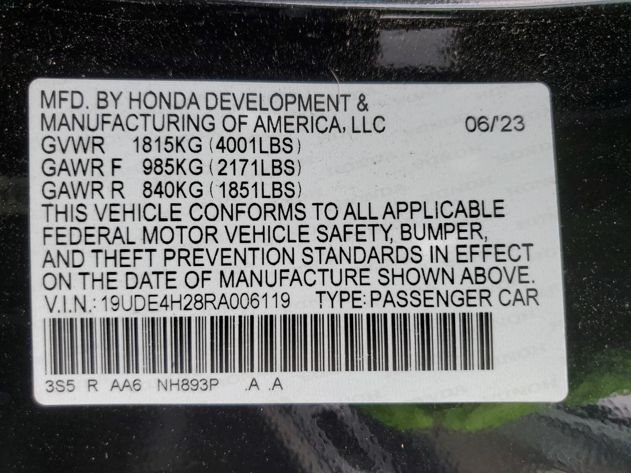 2024 ACURA INTEGRA VIN:19UDE4H28RA006119