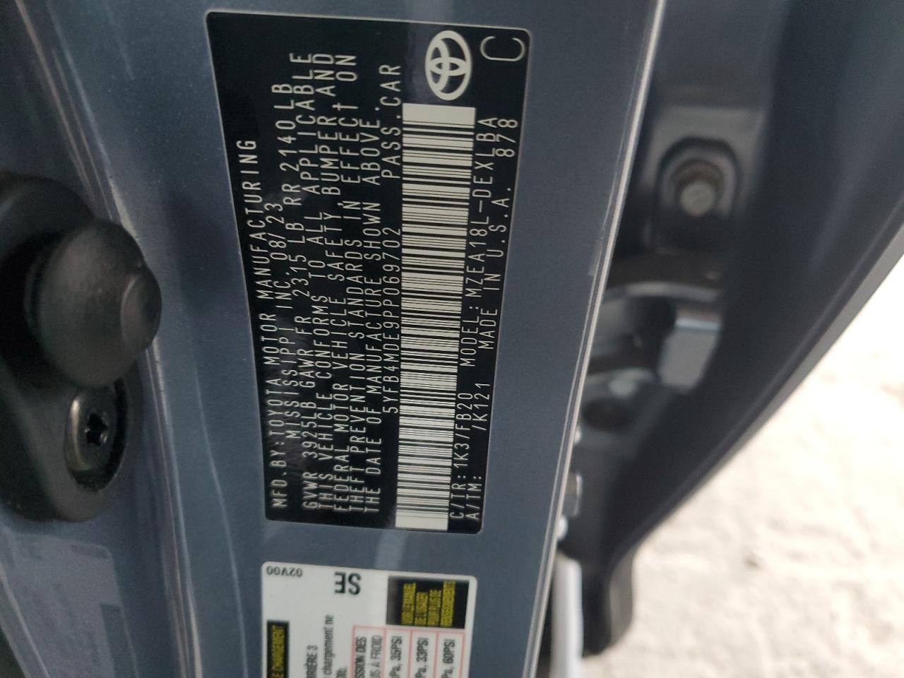 2023 TOYOTA COROLLA LE VIN:5YFB4MDE9PP069702