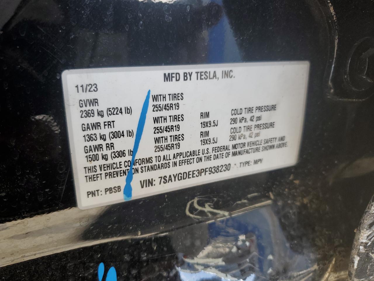 2023 TESLA MODEL Y VIN:7SAYGDEE3PF938230
