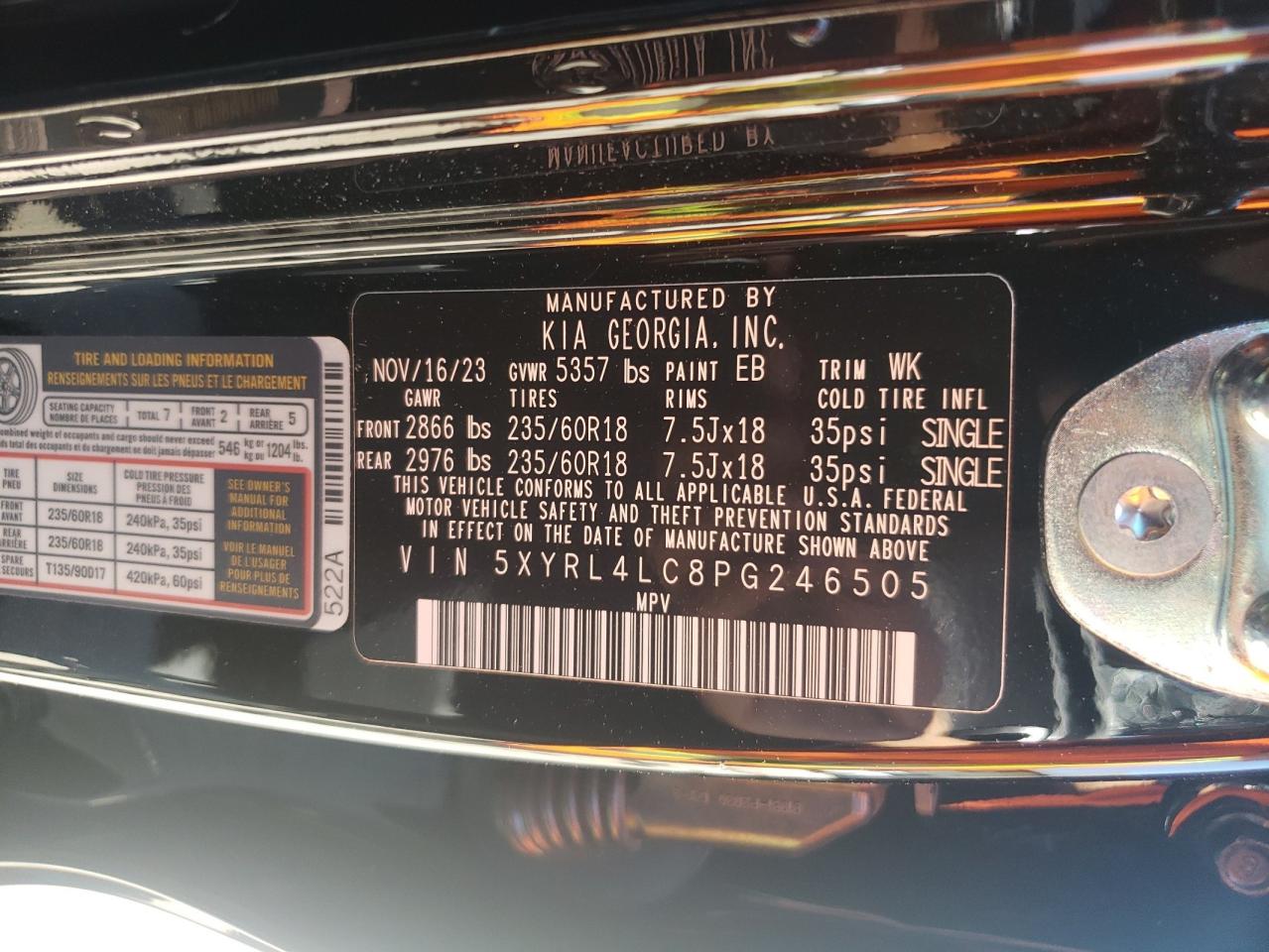 2023 KIA SORENTO S VIN:XXYRL4LC8PG246505