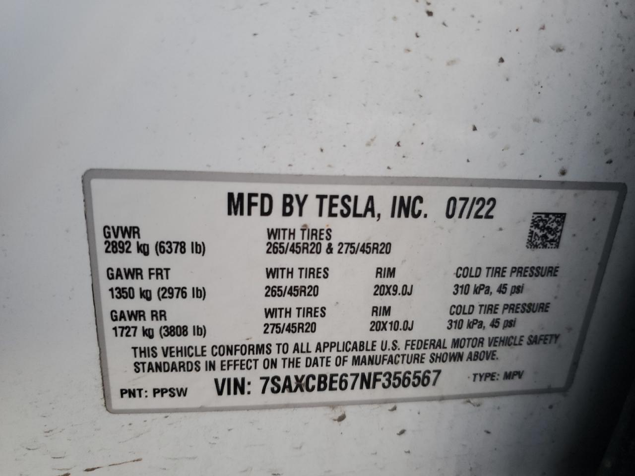 2022 TESLA MODEL X VIN:7SAXCBE67NF356567