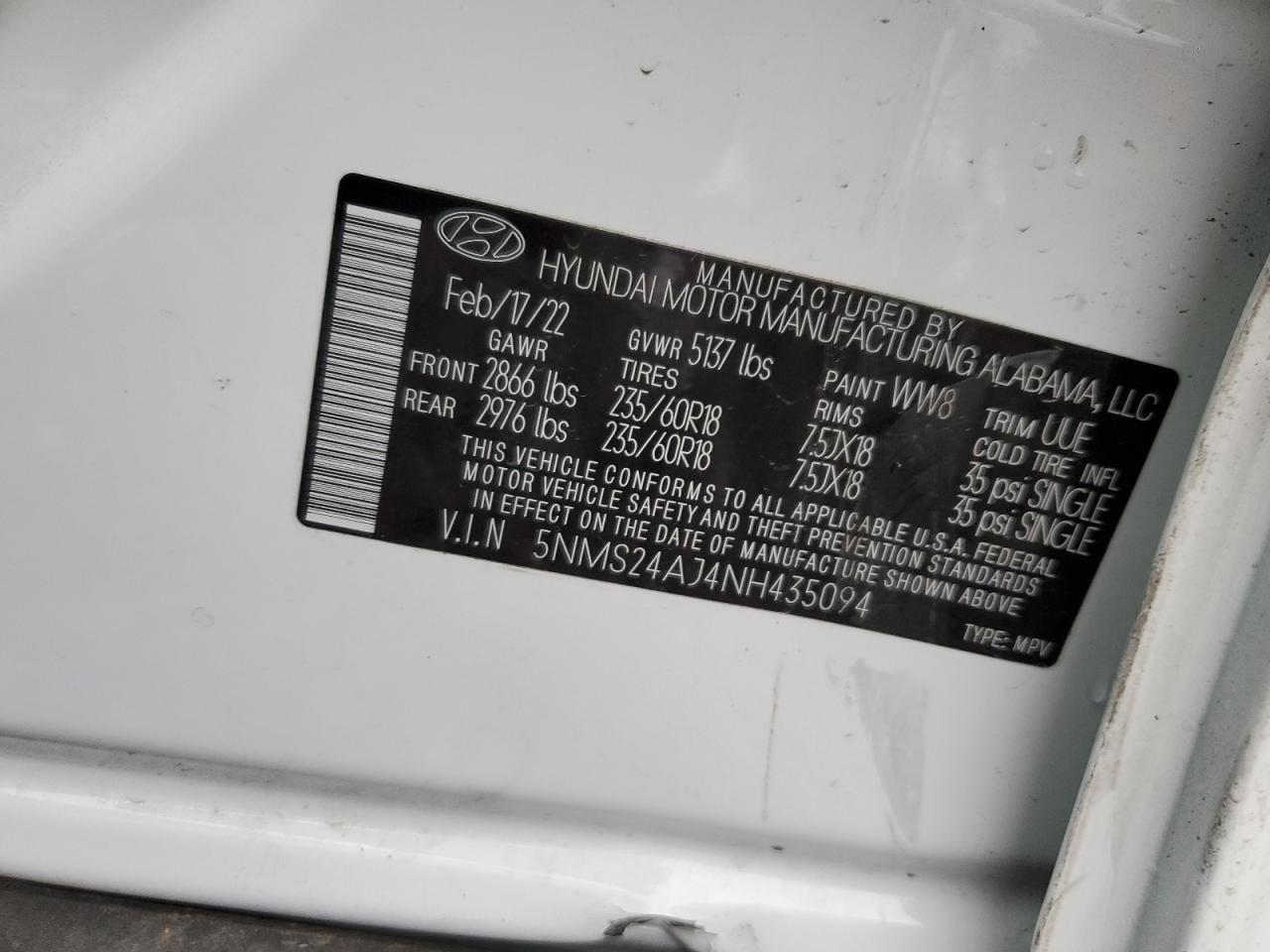 2022 HYUNDAI SANTA FE SEL VIN:5NMS24AJ4NH435094