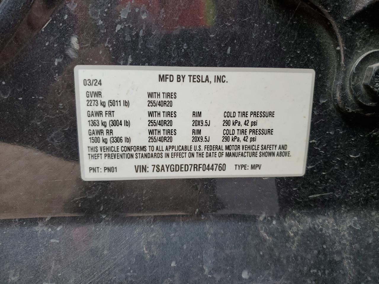2024 TESLA MODEL Y VIN:7SAYGDED7RF044760