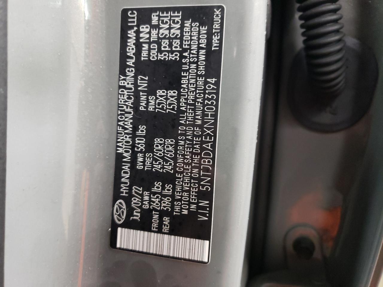 2022 HYUNDAI SANTA CRUZ SEL VIN:5NTJBDAEXNH033194