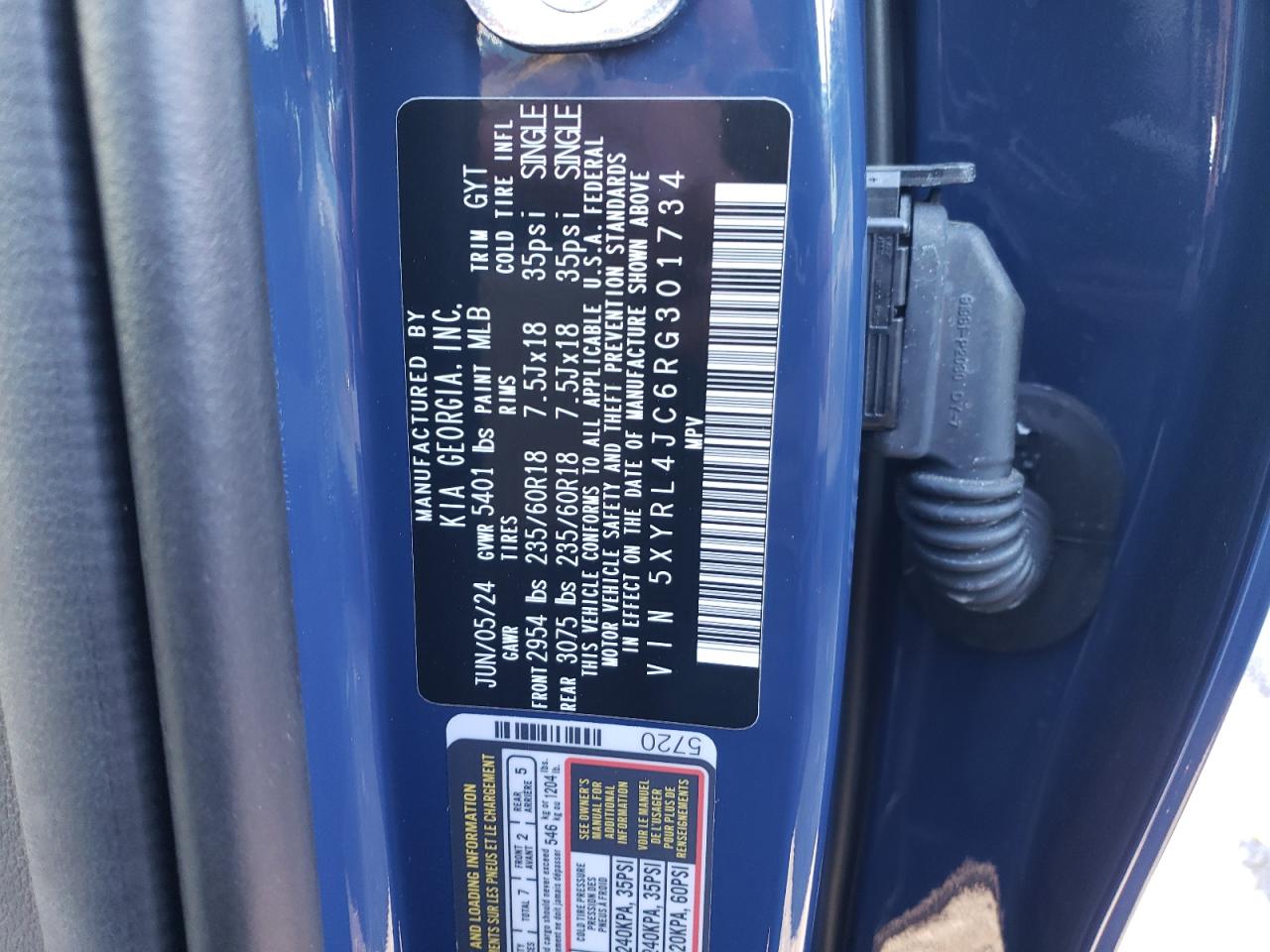 2024 KIA SORENTO S VIN:5XYRL4JC6RG301734