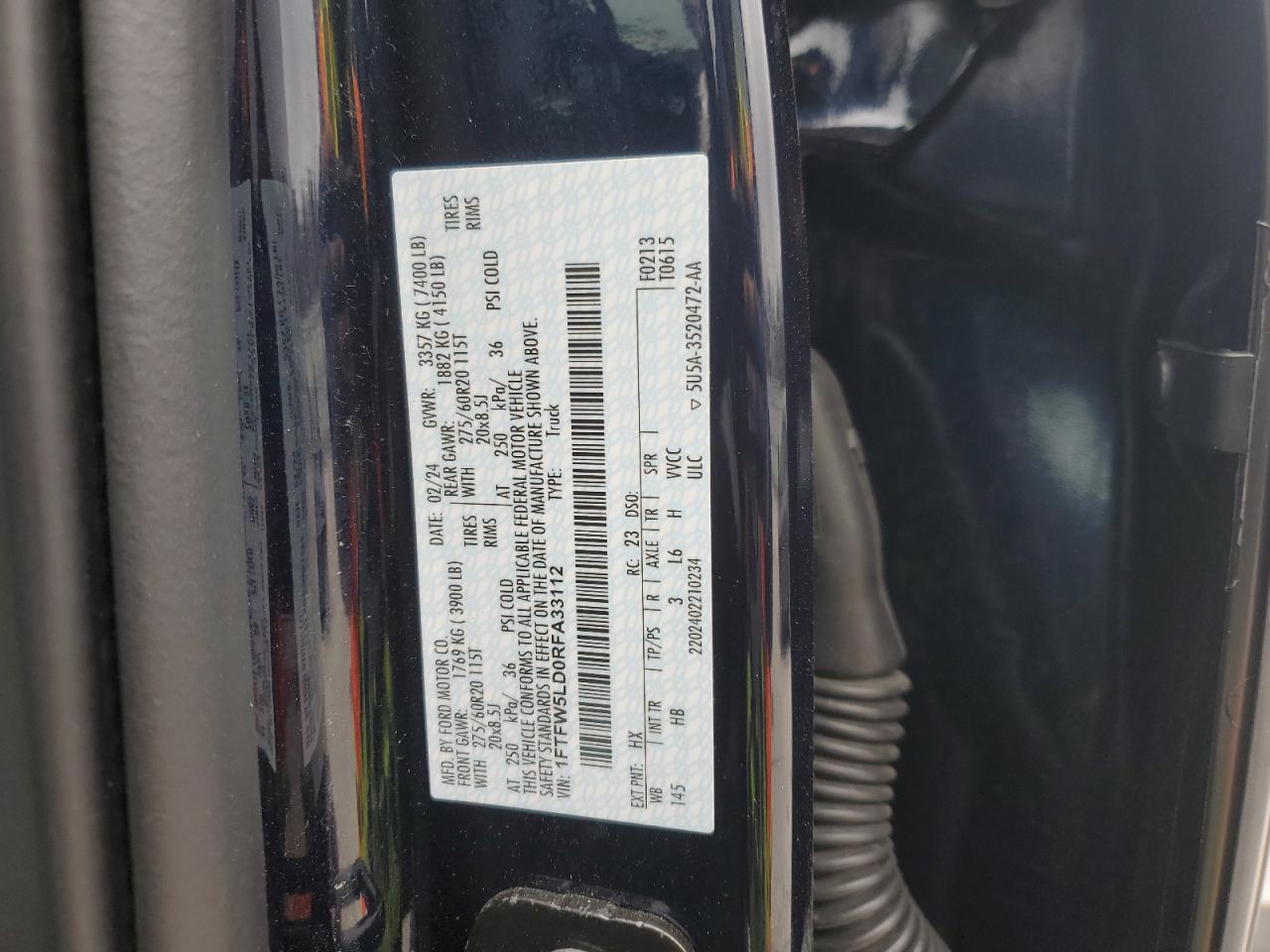 2024 FORD F150 LARIAT VIN:1FTFW5LD0RFA33112