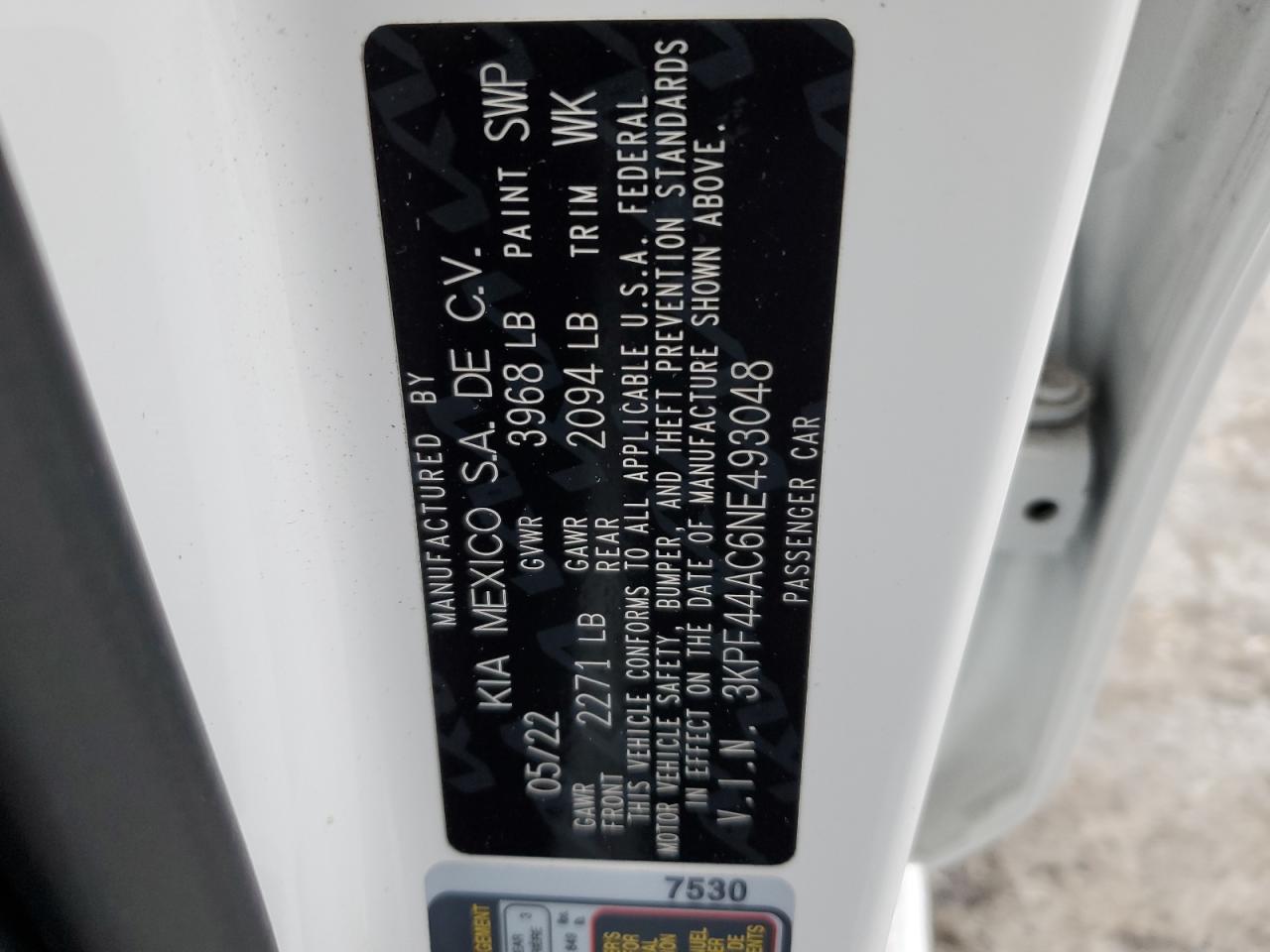 2022 KIA FORTE GT VIN:3KPF44AC6NE493048