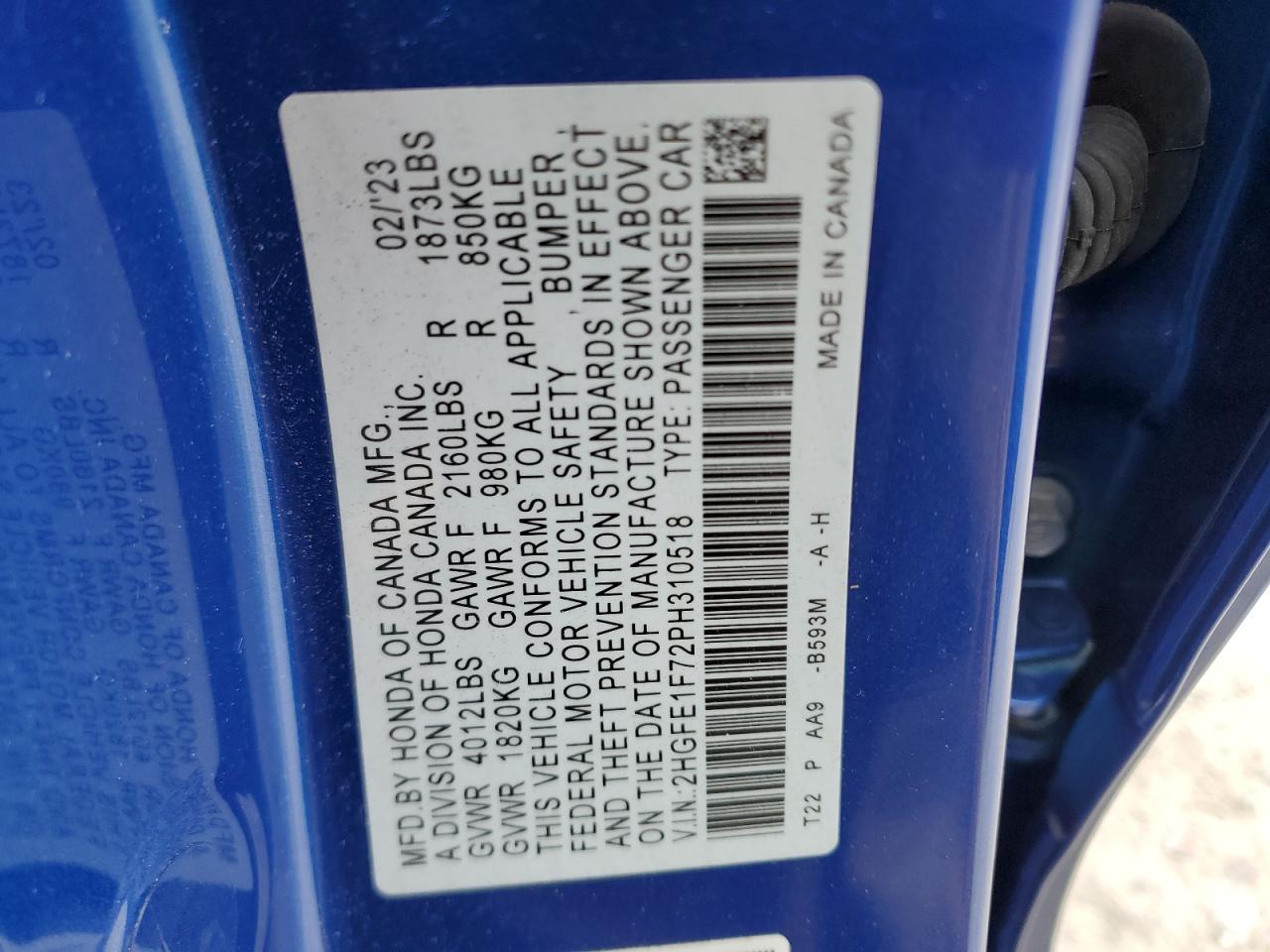 2023 HONDA CIVIC EX VIN:2HGFE1F72PH310518