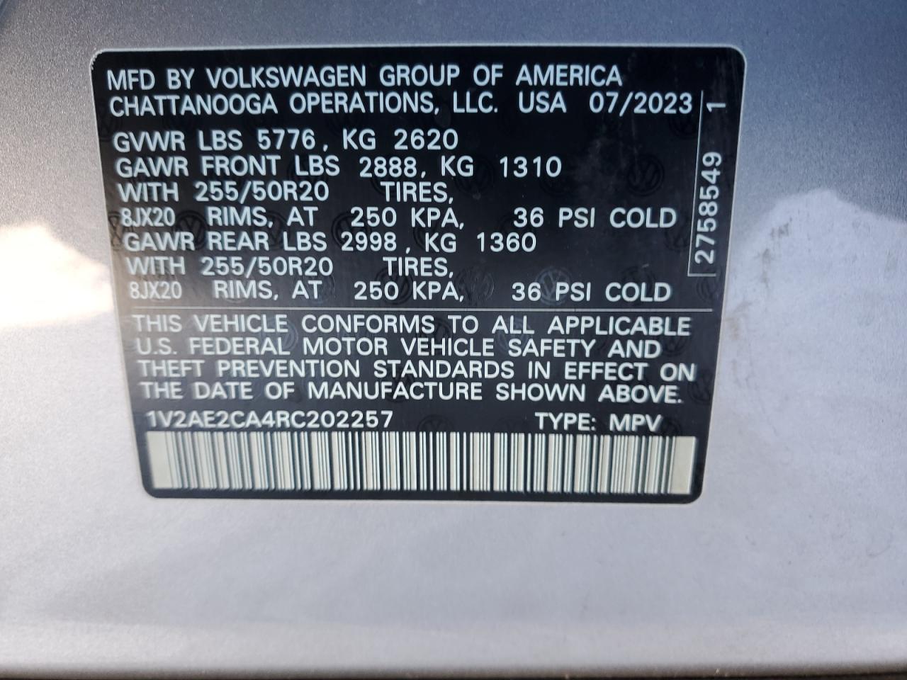 2024 VOLKSWAGEN ATLAS CROSS SPORT SEL R-LINE VIN:JN1EV7AP1HM743611