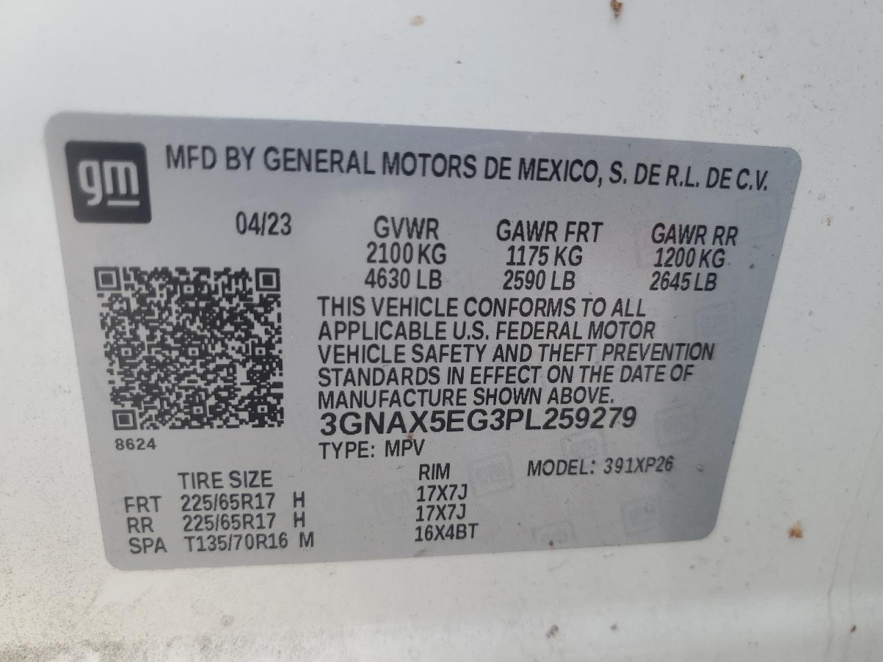 2023 CHEVROLET EQUINOX LS VIN:3GNAX5EG3PL259279