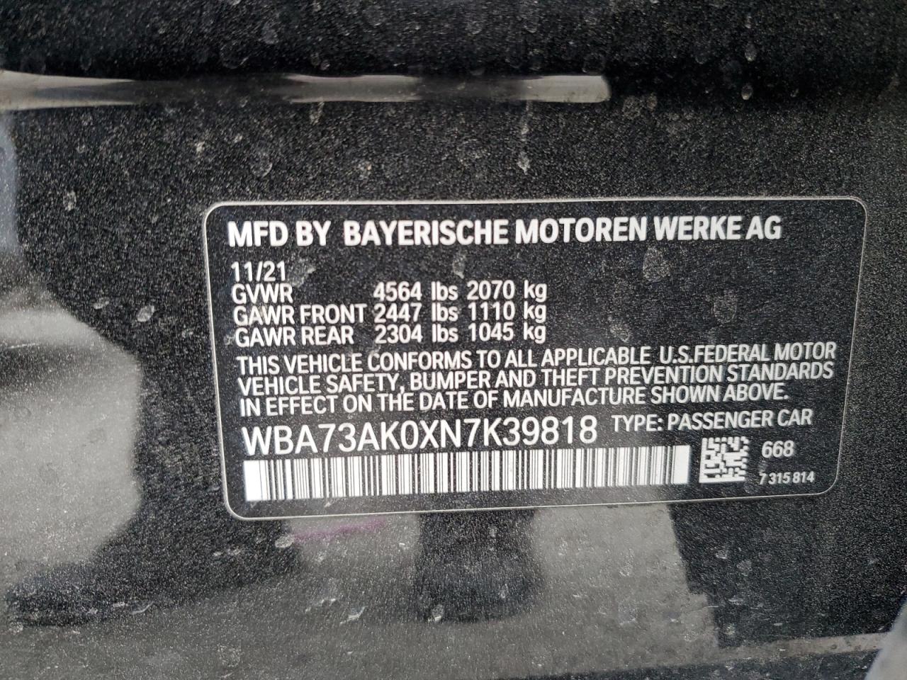 2022 BMW 228XI VIN:WBA73AK0XN7K39818