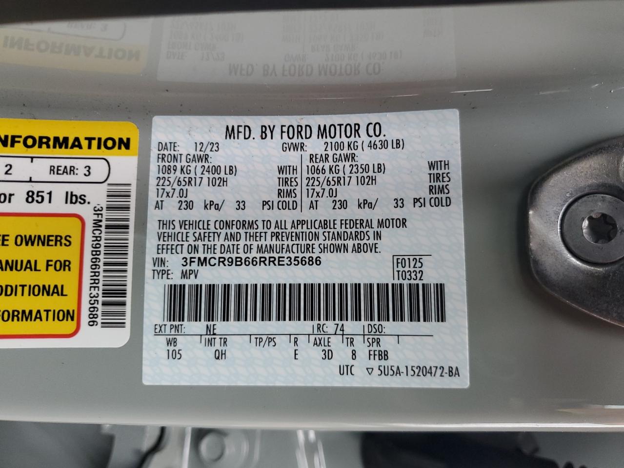 2024 FORD BRONCO SPORT BIG BEND VIN:3FMCR9B66RRE35686