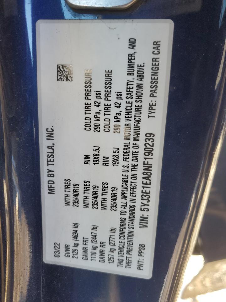 2022 TESLA MODEL 3 VIN:5YJ3E1EA8NF190239