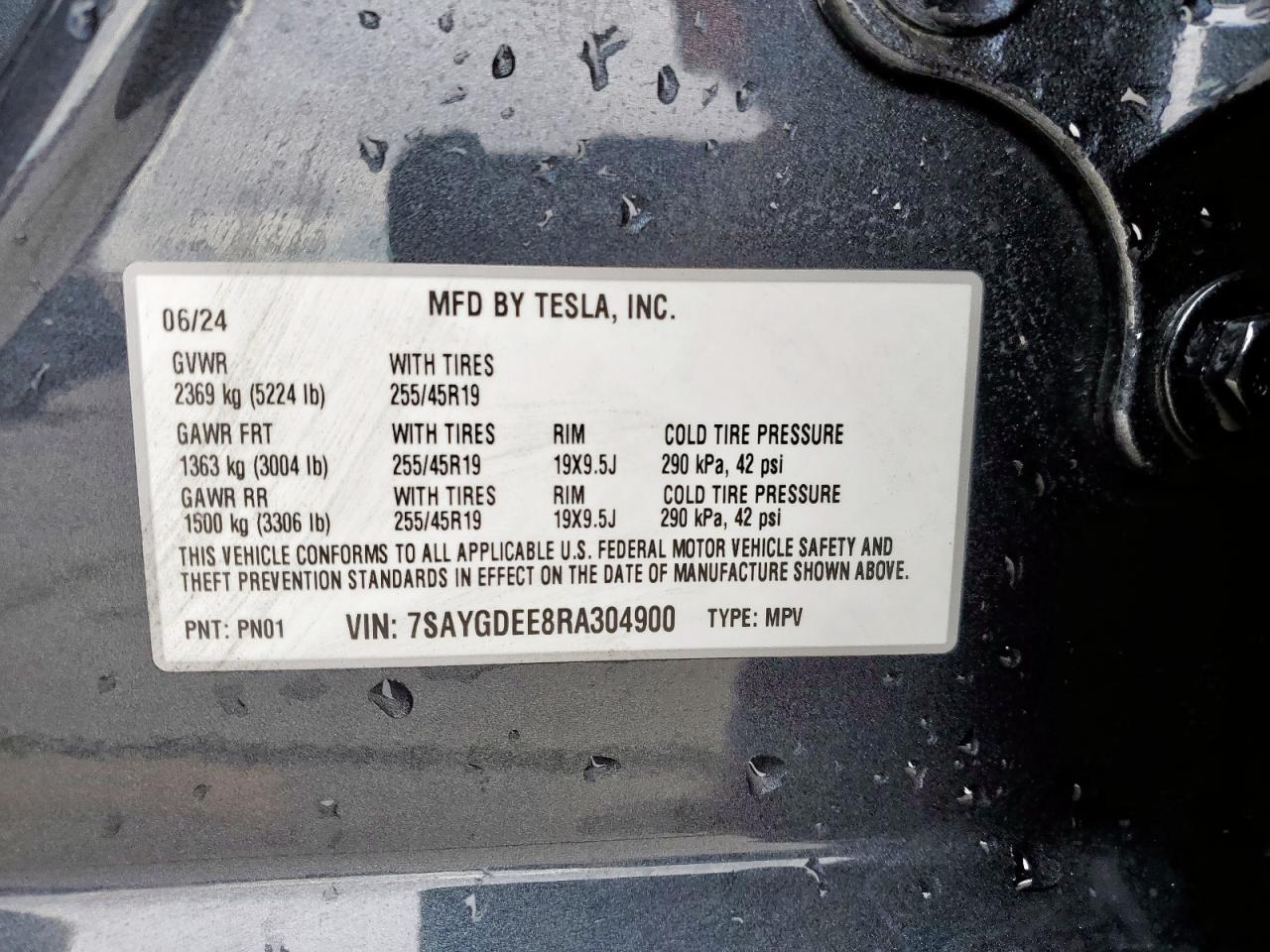 2024 TESLA MODEL Y VIN:7SAYGDEE8RA304900