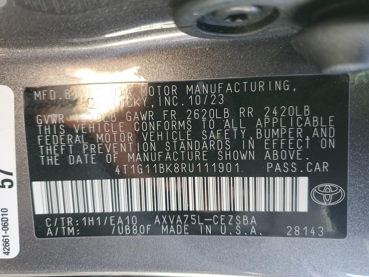 2024 TOYOTA CAMRY SE NIGHT SHADE VIN:4T1G11BK8RU111901
