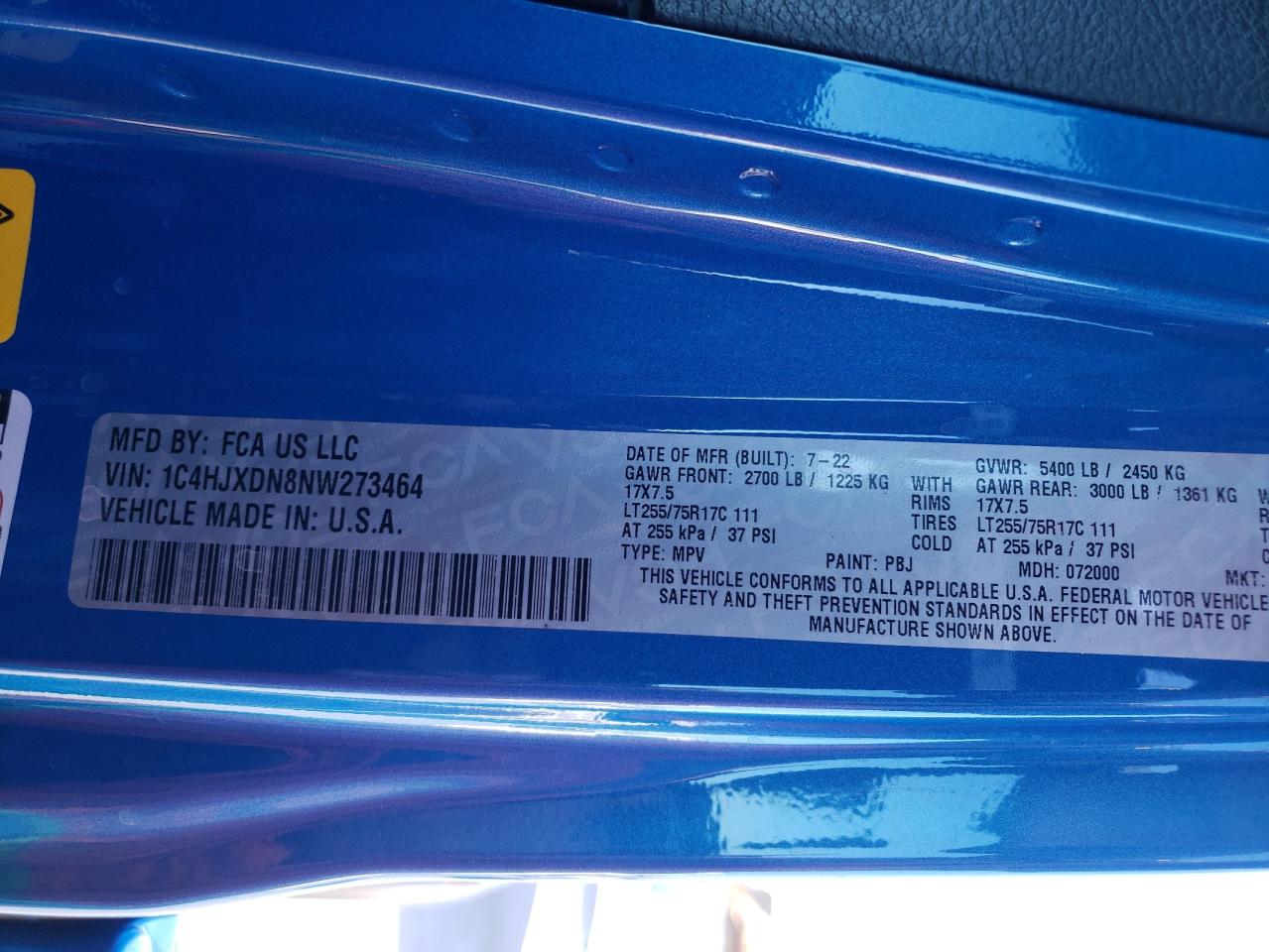 2022 JEEP WRANGLER UNLIMITED SPORT VIN:1C4HJXDN8NW273464