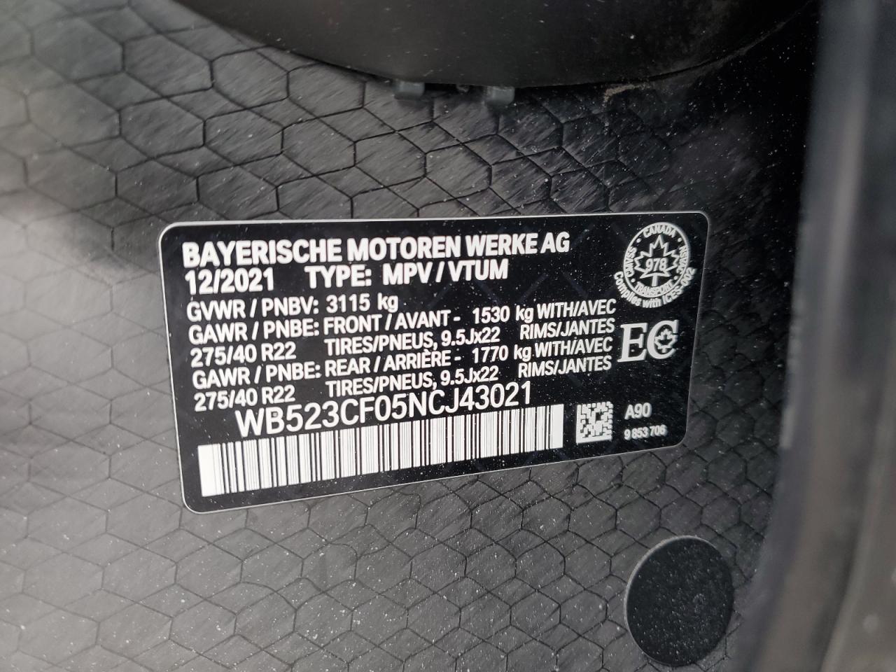 2022 BMW IX XDRIVE50 VIN:WB523CF05NCJ43021