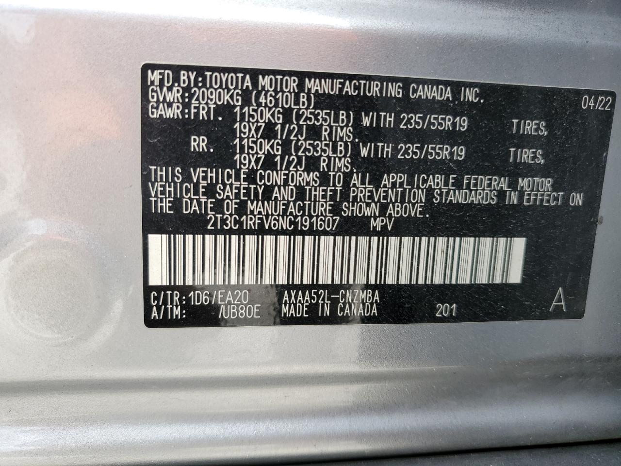 2022 TOYOTA RAV4 XLE PREMIUM VIN:2T3C1RFV6NC191607