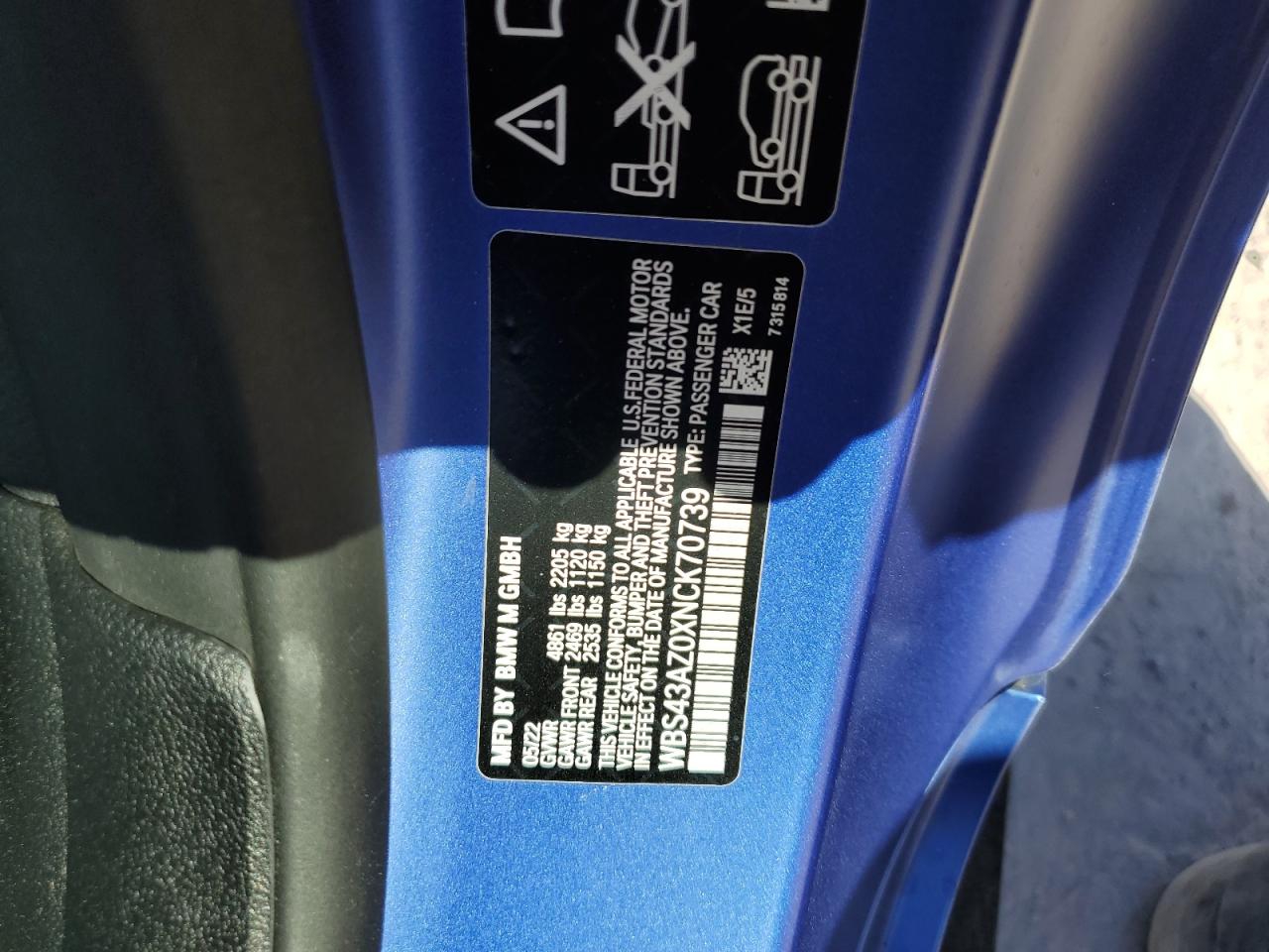 2022 BMW M4 COMPETITION VIN:WBS43AZ0XNCK70739