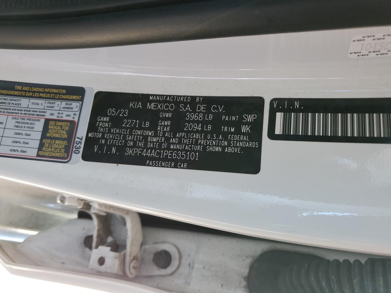 2023 KIA FORTE GT VIN:3KPF44AC1PE635101