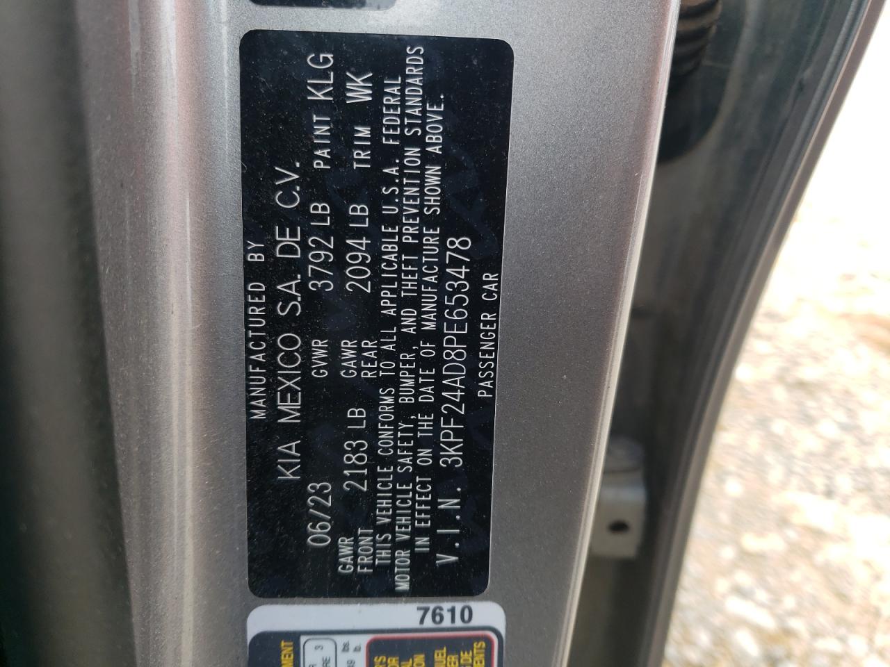 2023 KIA FORTE LX VIN:3KPF24AD8PE653478