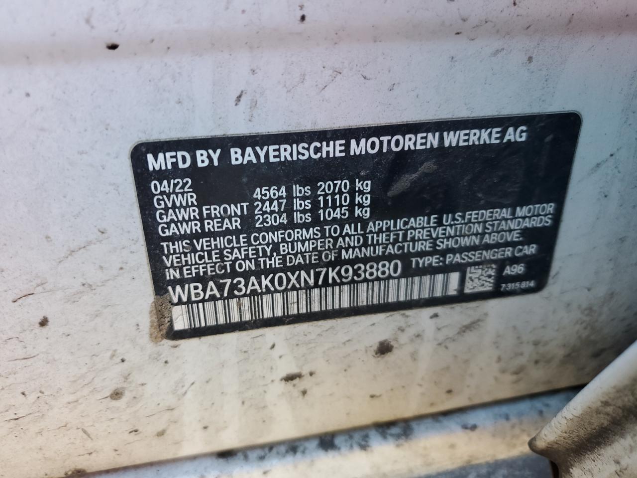 2022 BMW 228XI VIN:WBA73AK0XN7K93880