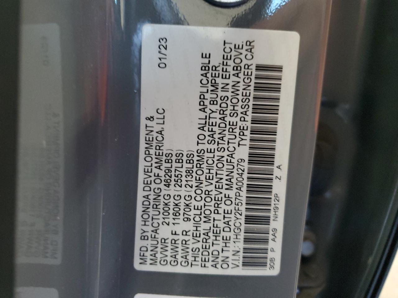 2023 HONDA ACCORD HYBRID SPORT VIN:1HGCY2F57PA004279