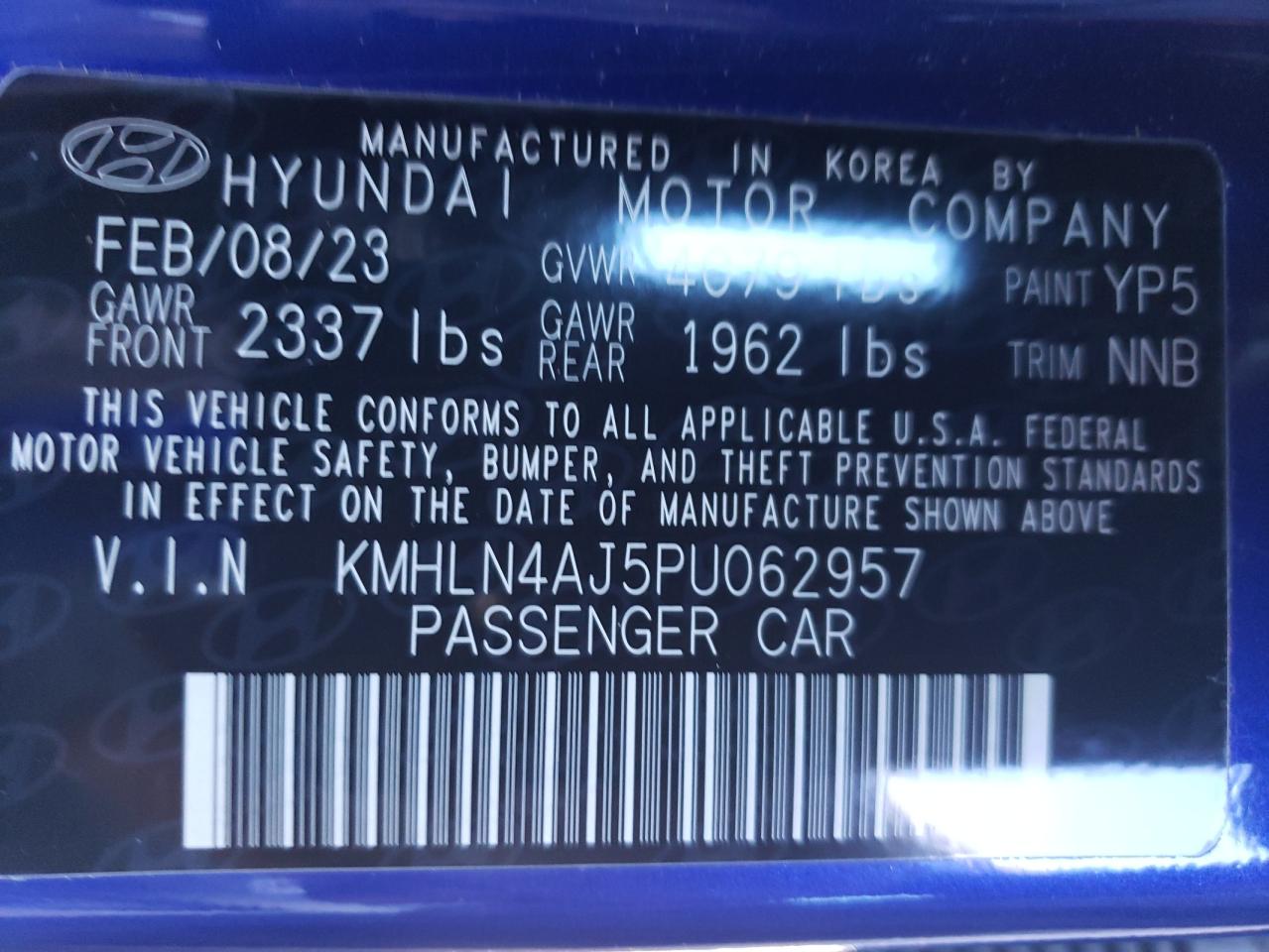 2023 HYUNDAI ELANTRA LIMITED VIN:KMHLN4AJ5PU062957