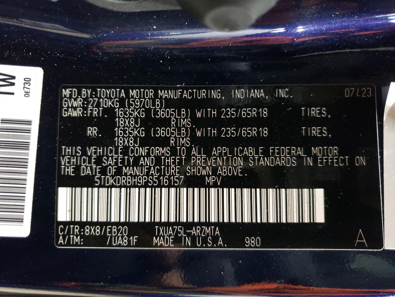 2023 TOYOTA HIGHLANDER L VIN:5TDKDRBH9PS516157