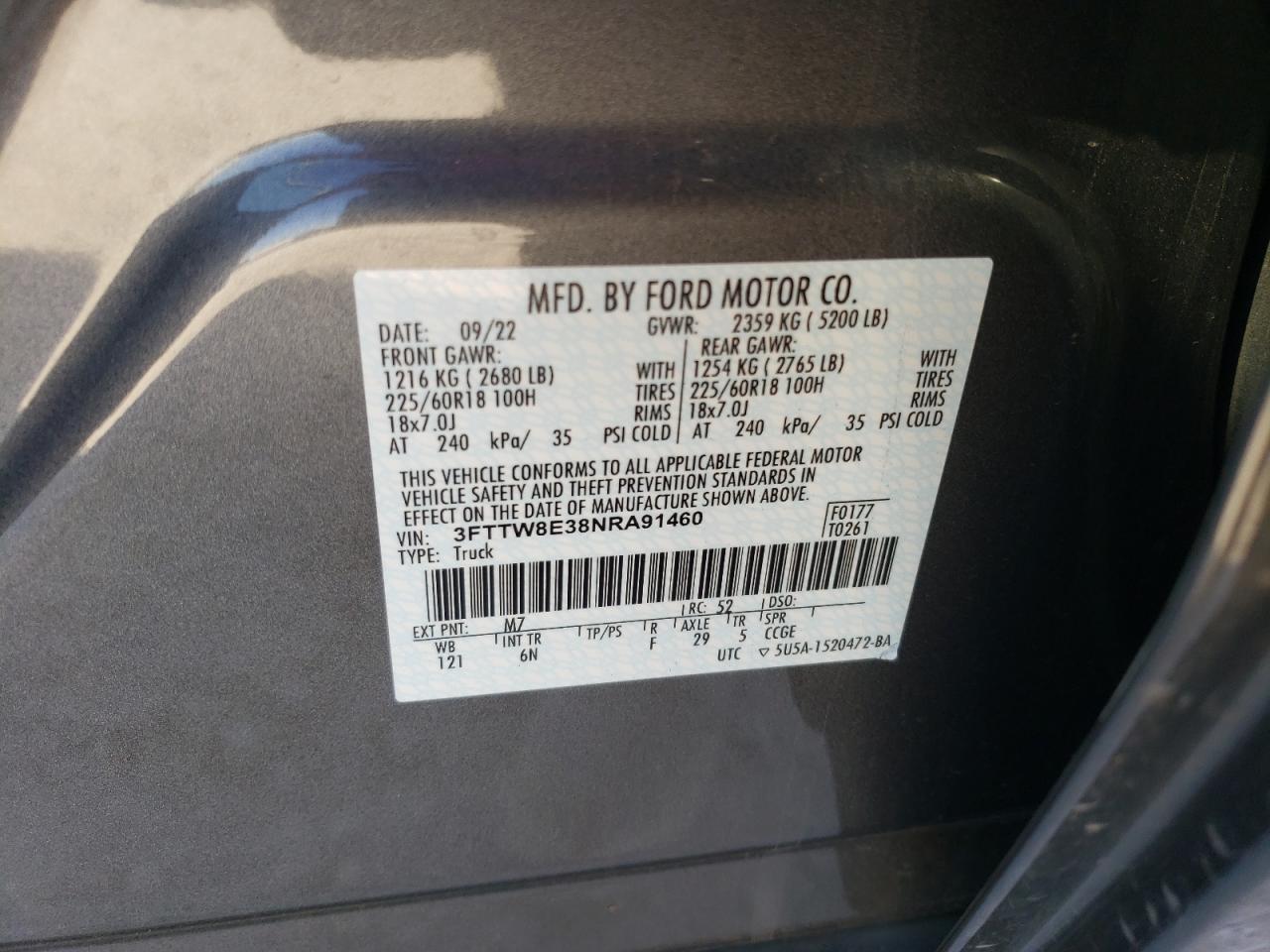 2022 FORD MAVERICK XL VIN:3FTTW8E38NRA91460