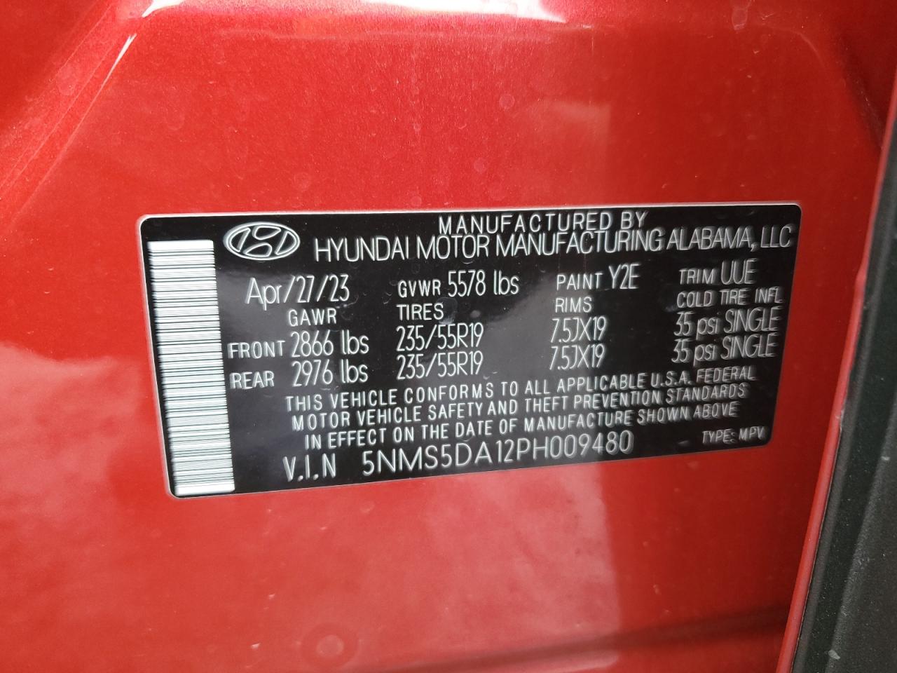 2023 HYUNDAI SANTA FE LIMITED VIN:5NMS5DA12PH009480