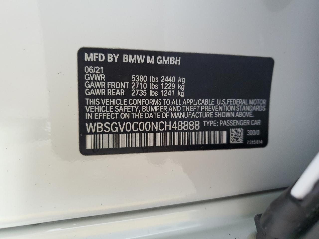 2022 BMW M8 VIN:WBSGV0C00NCH48888