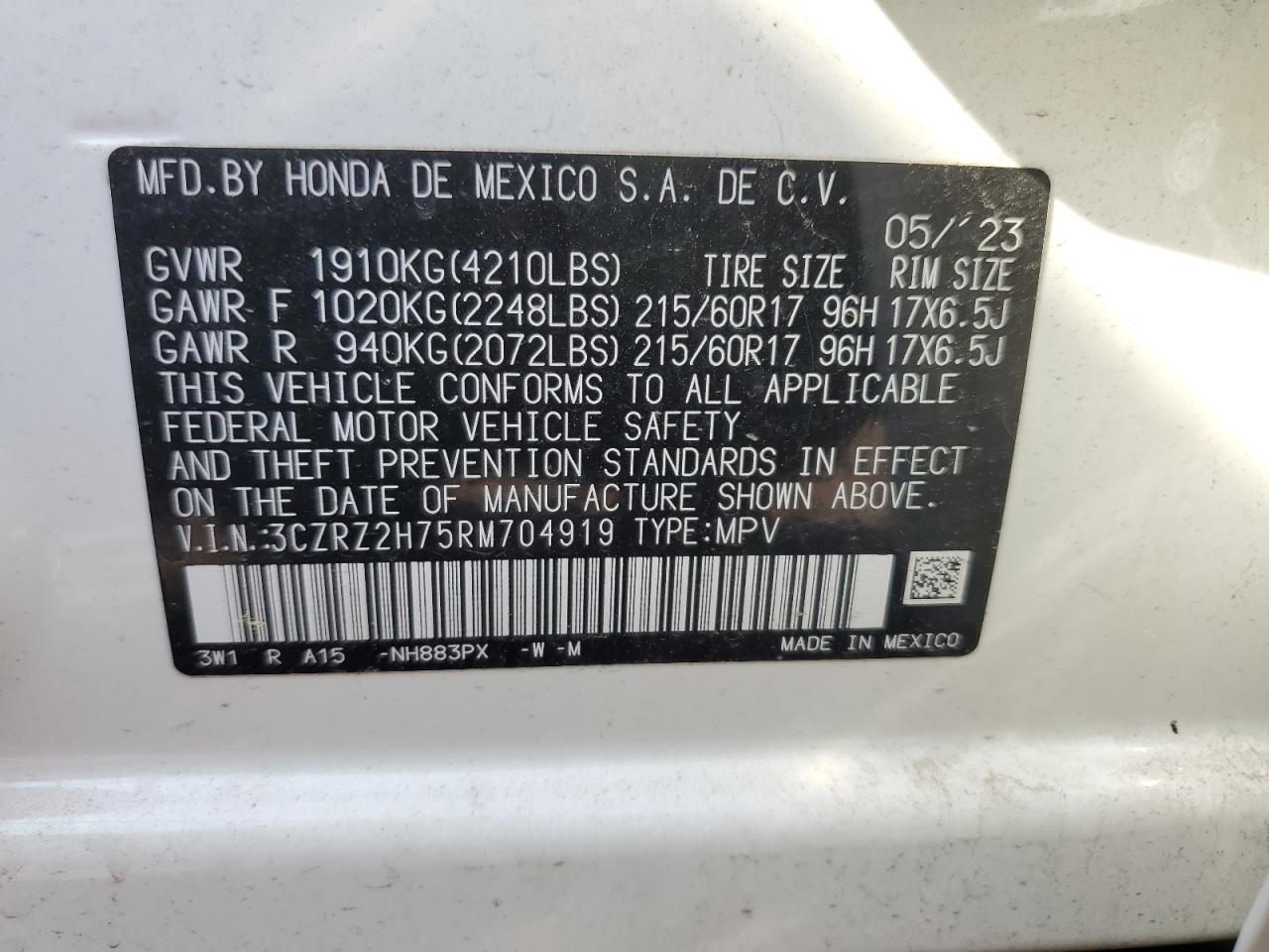 2024 HONDA HR-V EXL VIN:3CZRZ2H75RM704919