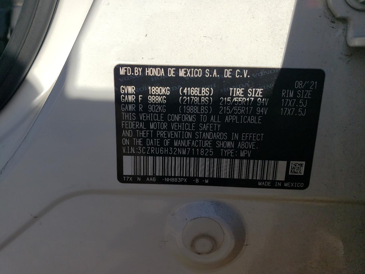 2022 HONDA HR-V LX VIN:3CZRU6H32NM711825
