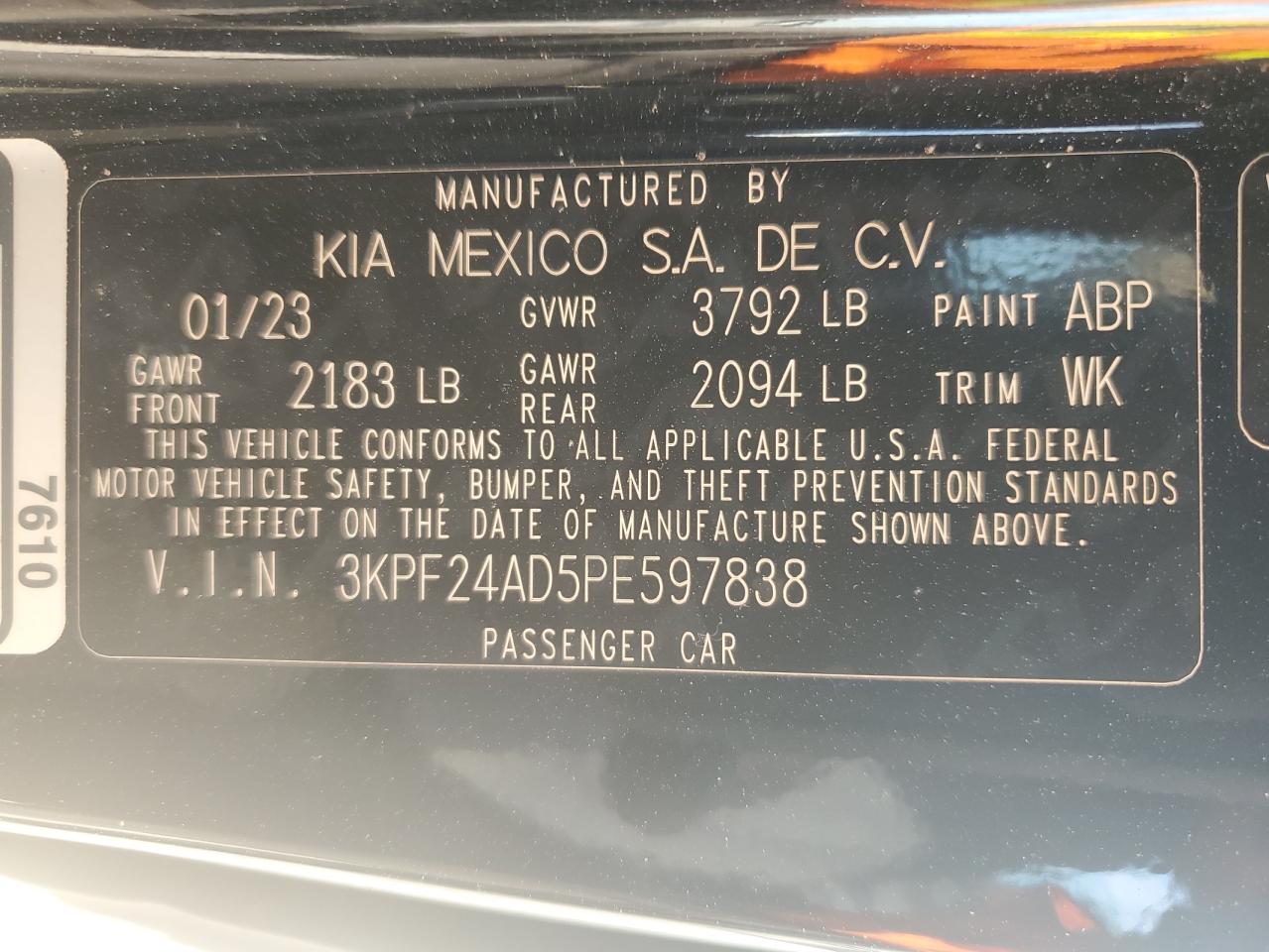 2023 KIA FORTE LX VIN:3KPF24AD5PE597838
